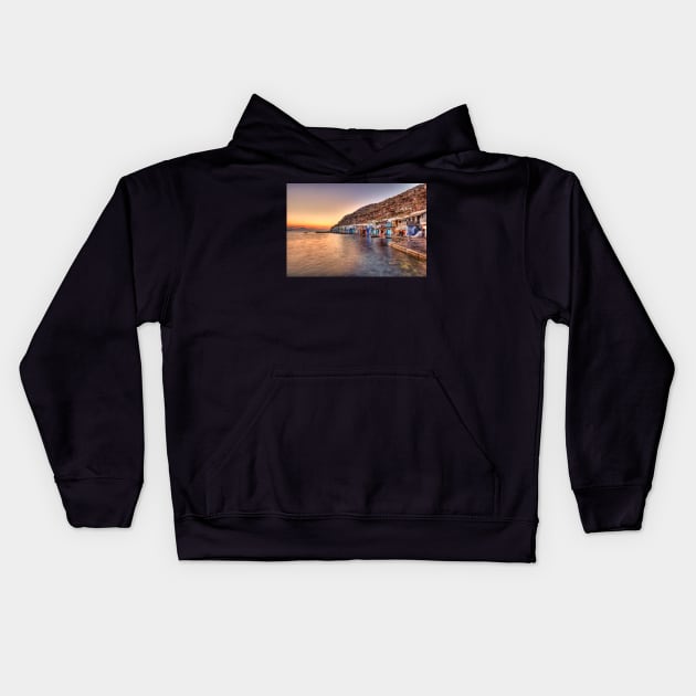 Sunset at the fishermen houses with the impressive boat shelters, also known as “syrmata” in Klima of Milos, Greece Kids Hoodie by Constantinos Iliopoulos Photography